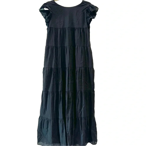 La Ven Women's Tiered Maxi Dress Size Medium Black Flutter Sleeves Boho Tie Neck - Picture 1 of 9